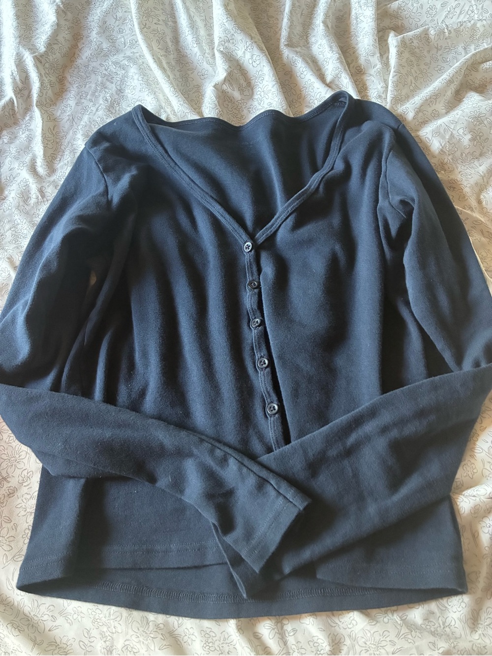 Brandy Melville Navy Blue Button-Front V-Neck Long Sleeve Top
